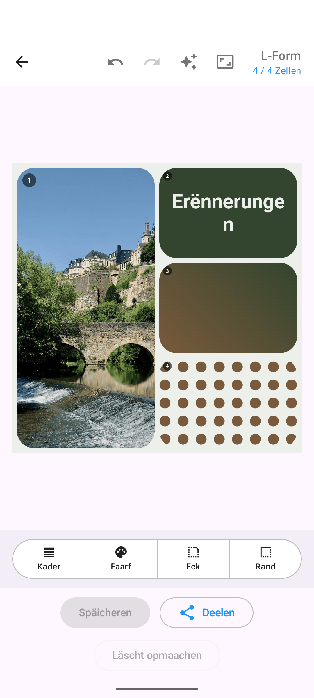 Gemëschte Collage aus Fotoen, enger Textzell an engem Faarfverlaf