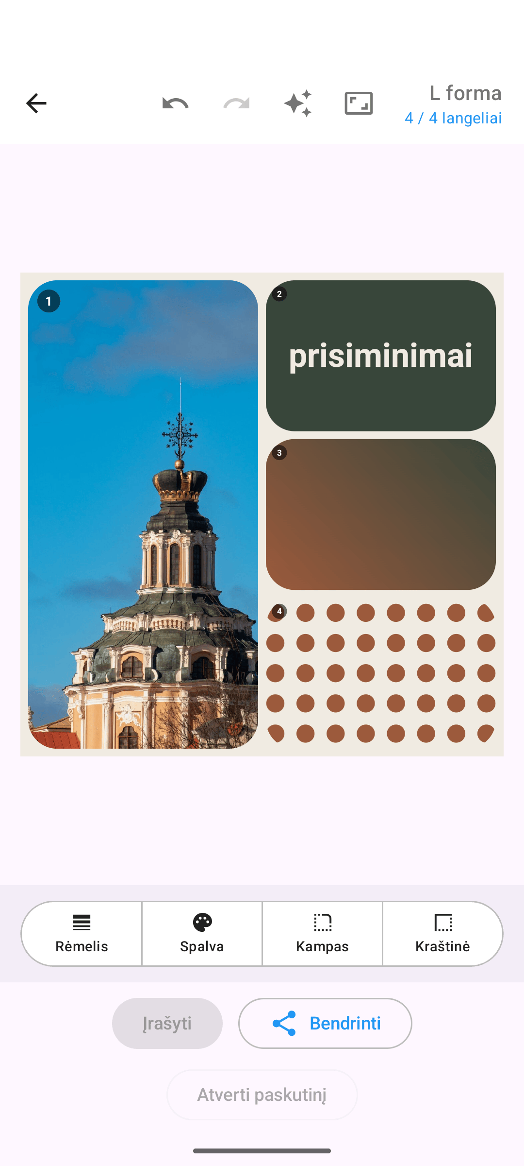 Mišrus koliažas iš nuotraukų, teksto ląstelės ir spalvų perėjimo