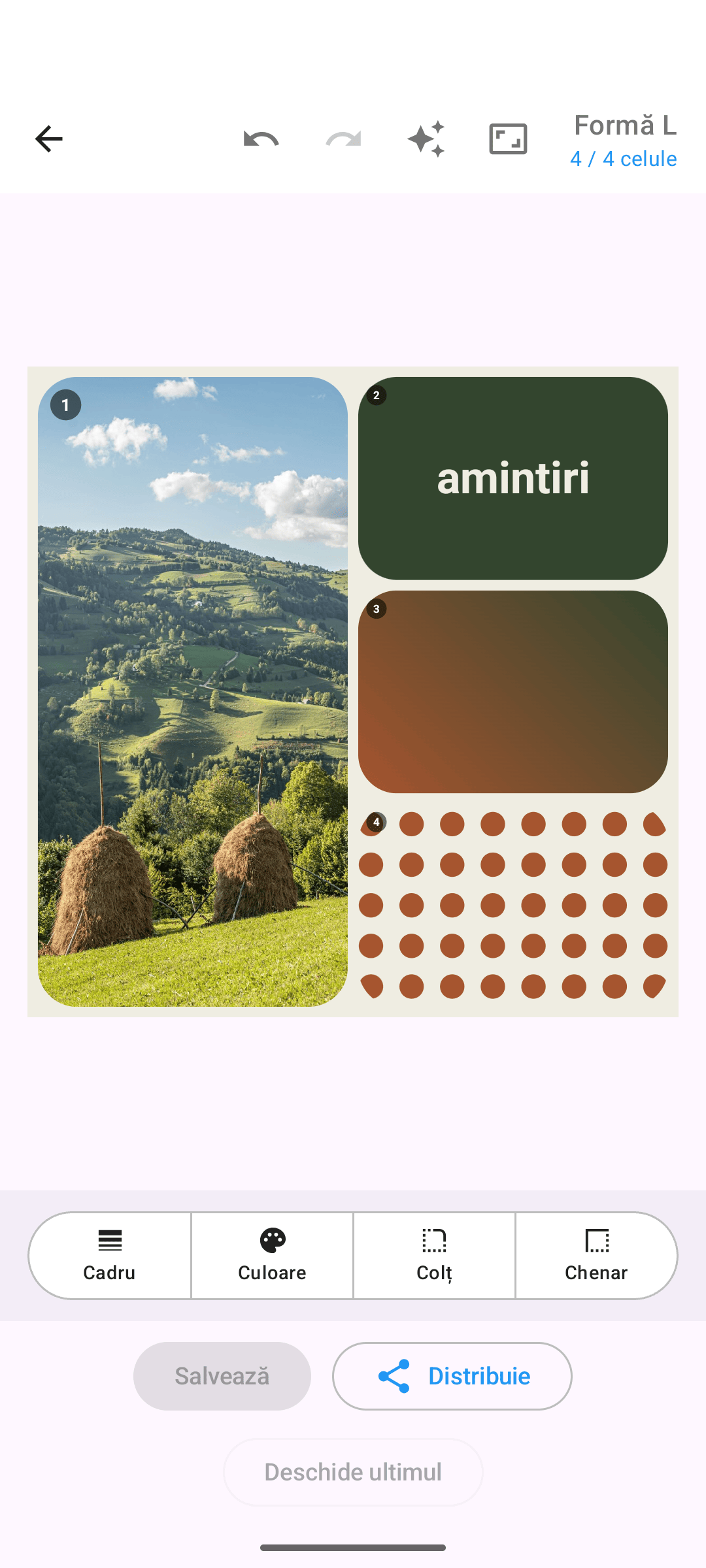 Colaj mixt din fotografii, o celulă de text și un degrade de culoare