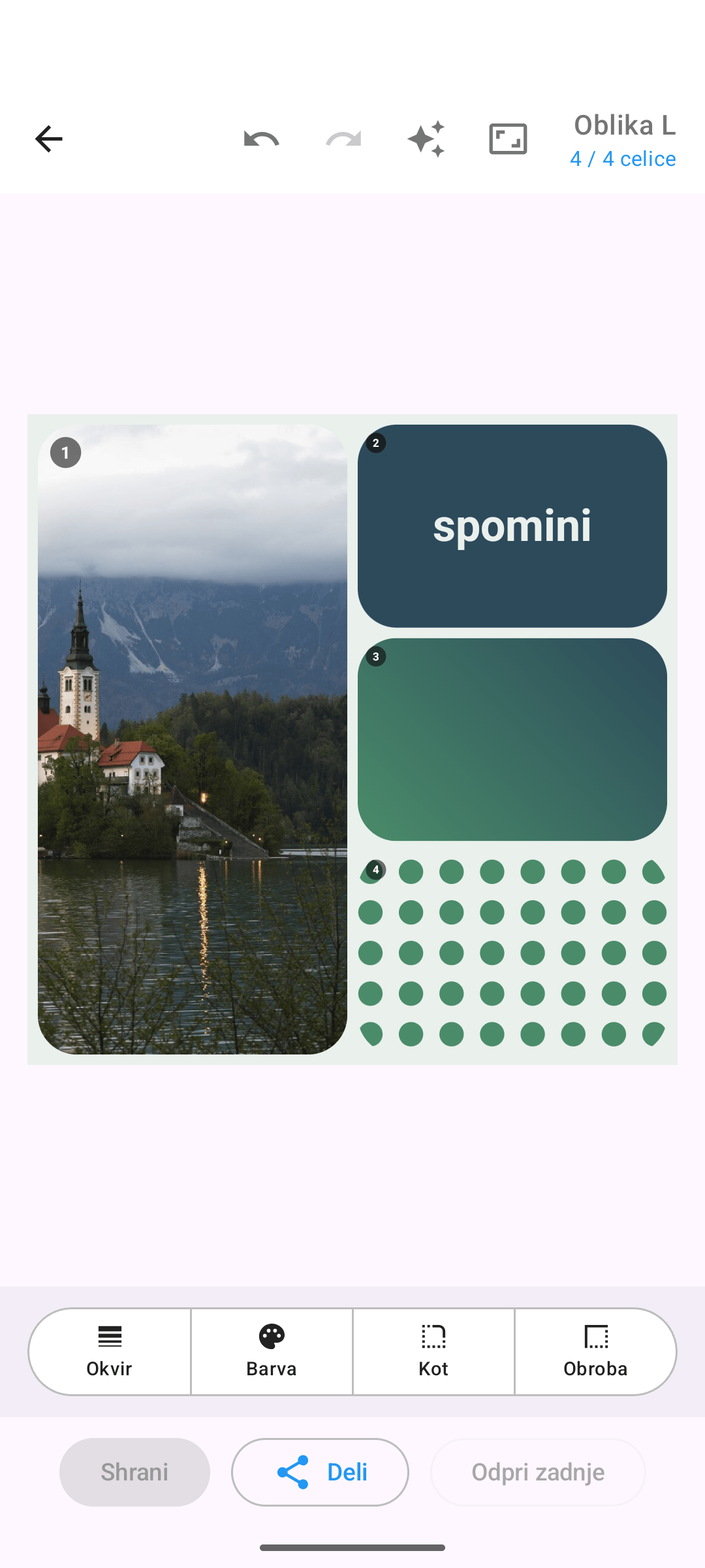 Mešani kolaž iz fotografij, besedilne celice in barvnega preliva