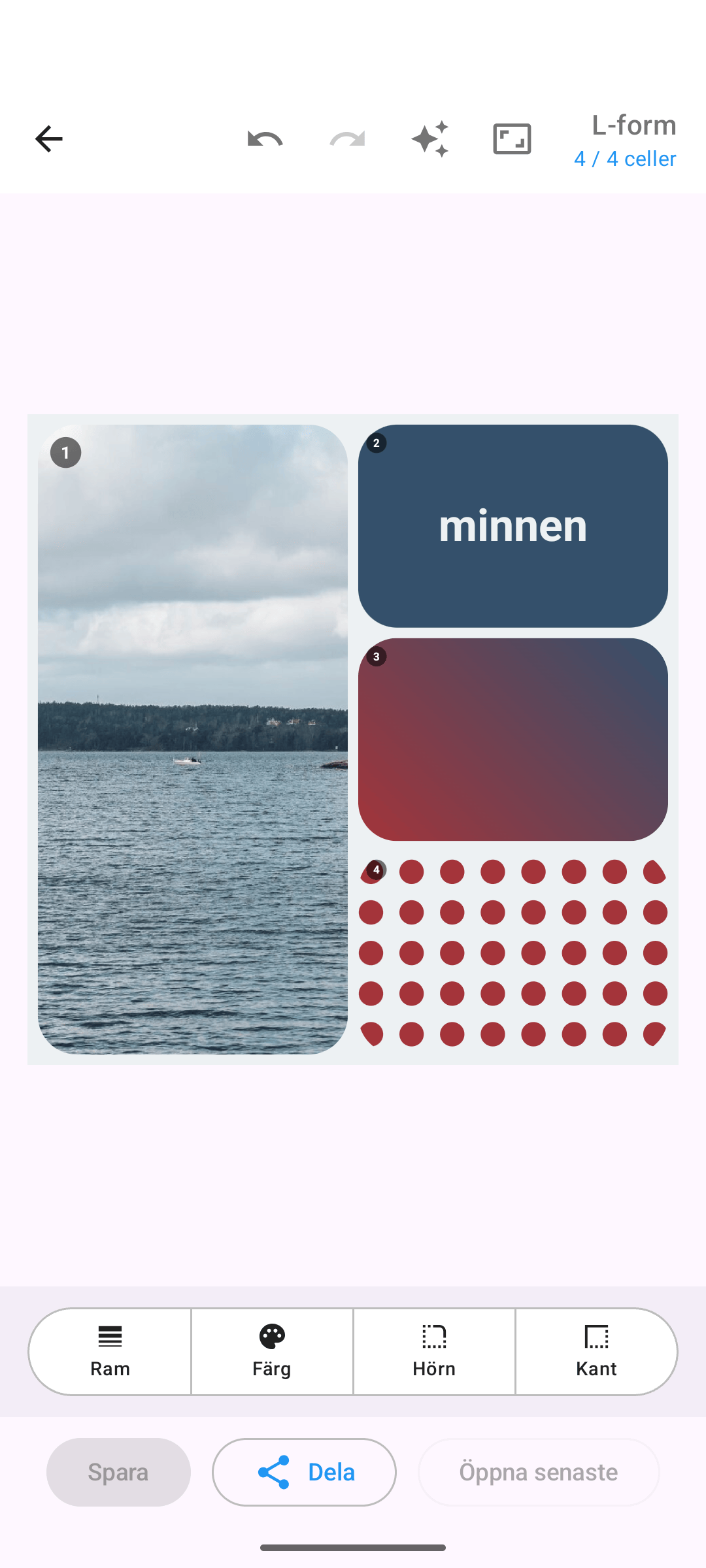 Blandat kollage av foton, en textcell och en färggradient